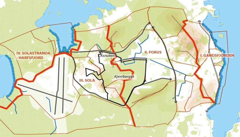 2.3 LANDSKAP OG GRØNTSTRUKTUR LANDSKAP Analyseområdet henvender seg både mot Forus vest (landskapsområde II. Forus) med næringsområdene og Europavegen og mot landskapsområde I. Gandsfjorden.