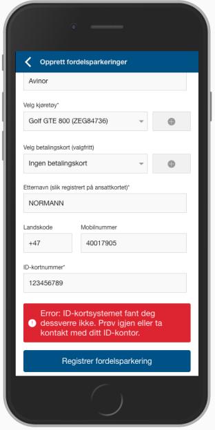 Brukeren skriver inn informasjon fra sitt ID-kort, og velger kjøretøyet som ønskes brukt i fordelsparkeringsavtalen.