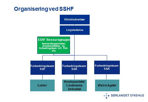 Organisering ved SSHF Forbedringsteamene Utfører forbedringsarbeidet i klinikkene Anbefalinger: 3-8 medarbeidere, inkl. en leder Samles fast 1-2 x per mnd.