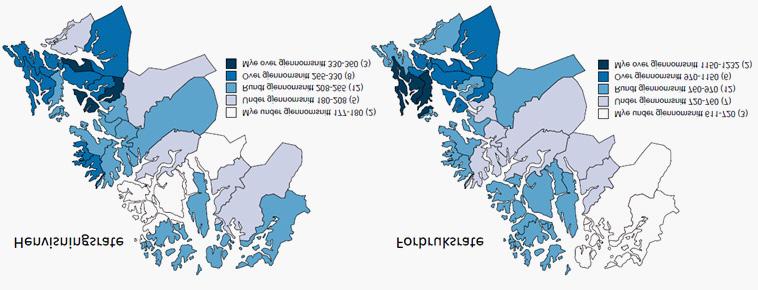 Figur 5. Henvisningsrate versus forbruksrate (polikliniske konsultasjoner) for UNN HF og boområde UNN, per 1.000 innbygger, kjønns- og aldersstandardisert, gjennomsnitt i perioden 2007-2009.