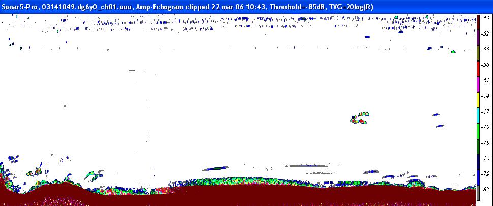 Side: 3 Mulig registrering av deponert masse Fig. 2 Akustiske registreringer (38 khz) i H2-bassenget før nedføring. S v terskel -85dB. Utsnittet viser vanndyp 0-65 m, 70 m fra nedføringsenhet.