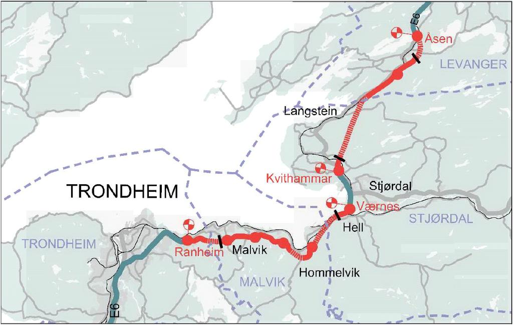 Figur 1: Prinsipiell plassering av bomsnitt på ny E6 Ranheim - Åsen Nye Veier AS vil i de kontinuerlige porteføljeprioriteringene avgjøre tidspunkt og rekkefølge på utbyggingen.