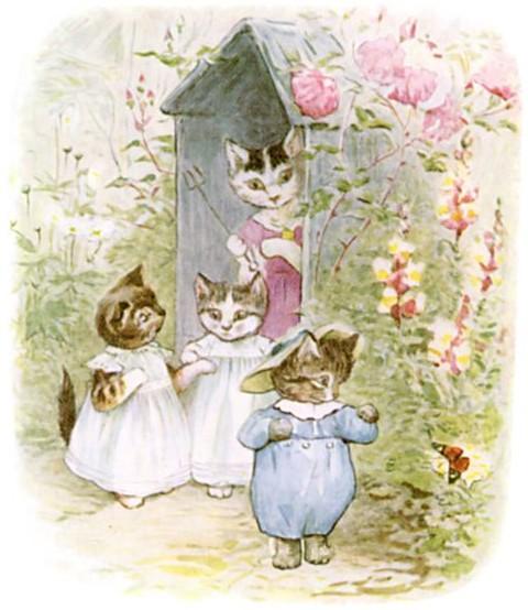 Da de tre kattungene var klare, sendte Fru Tabita dem tankeløst ut i hagen, så de var ute av