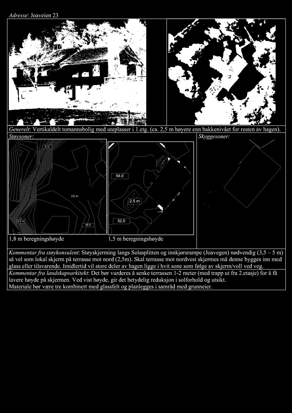 Adresse : Jo aveien 23 Generelt : Vertikaldelt tom a nnsbolig m e d utepla sser i 1.etg. (ca. 2,5 m høyere enn ba kkenivået for resten av hagen). Støysoner: 5 m 54.0 2. 5 m 2. 5 m 3. 5 m 55. 0 52.