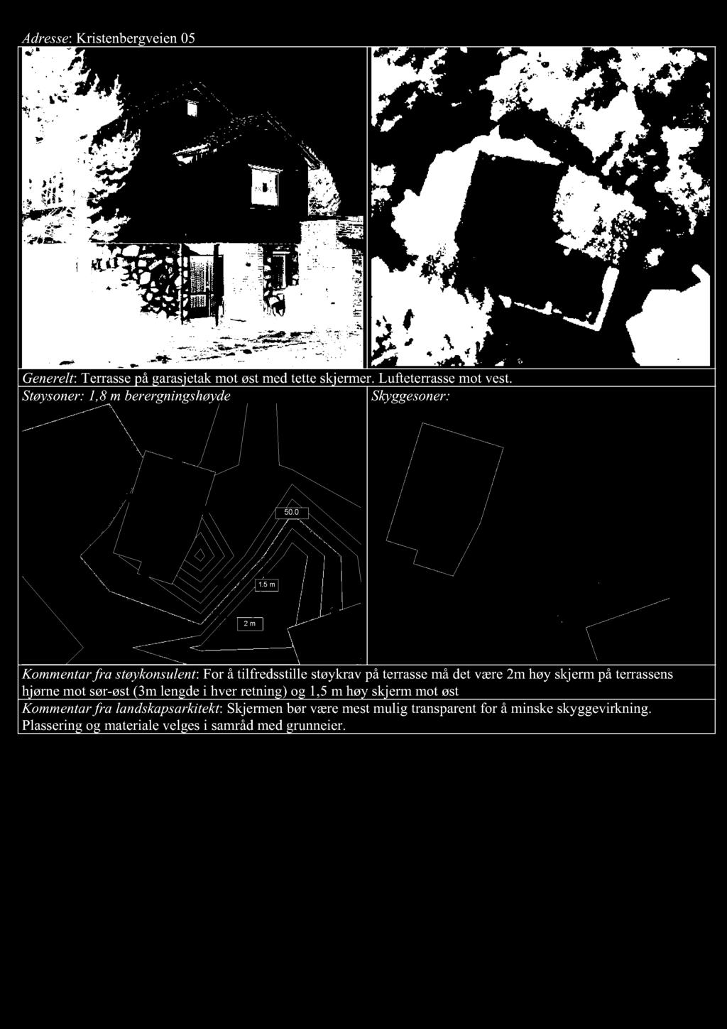 Adresse : Kristenbergveien 05 Generelt : Terrasse på garasjetak m o t øst m e d te tte skjerm er. Luf t eterasse mot vest. Støysoner: 1,8 m berergningshøyde 50.0 1.