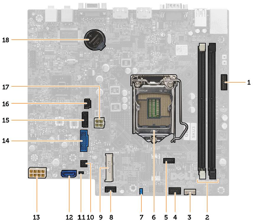 Hovedkortoppsett Følgende bilde viser layouten på hovedkortet. 1. Frontramme - kontakt for strømbryter 2. Minnekontakter 3. Kontakt til intern høyttaler 4. Lydkontakt i front 5. CPU-viftekontakt 6.