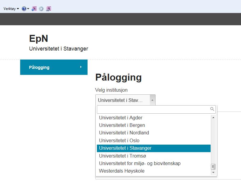 Velg først institusjon (Universitetet i Stavanger står langt ned i tabellen) hvis den ikke allerede er valgt, før en trykker på Logg inn i EpN via Feide.