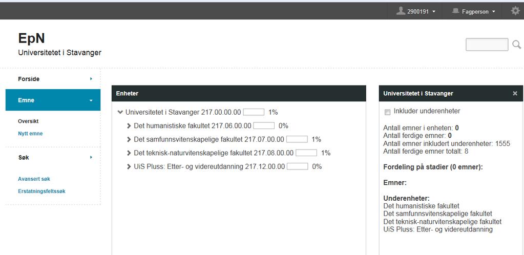 Meny Emne Under meny Emne har en knapp for Oversikt og Nytt emne. Oversikt gir en fremstilling over status på emnene og hvilket nivå disse er i godkjenningsprosessen.