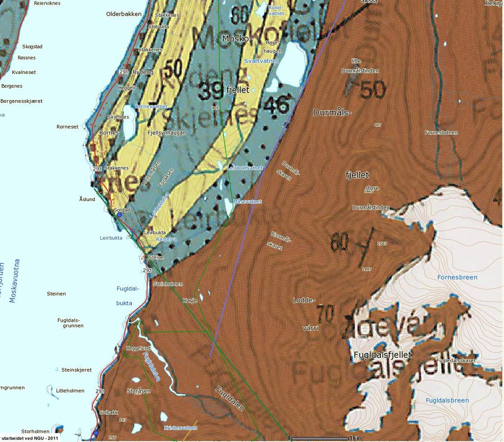 Grunnvannsundersøkelser i områdene Sjursnes, Lakselvbukt og Olderbakken 23 Fyllitt Kvartsitt Gabbro Figur 8: Berggrunnsgeologisk kart over området Heggelund Leirbukta Rorneset.