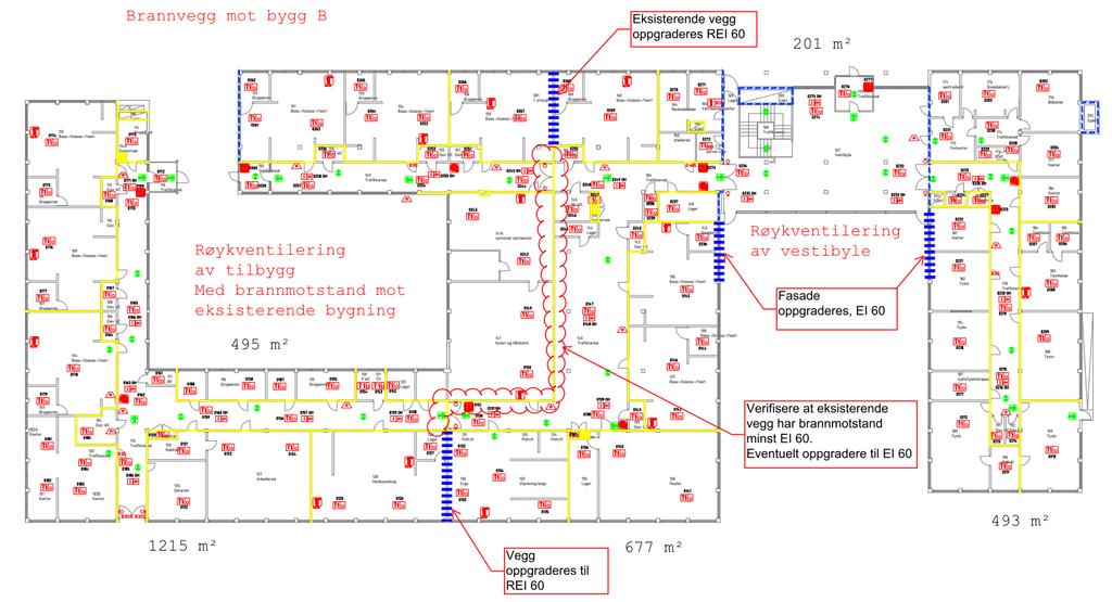 Det skal etableres brannvegg i forbindelsesgangen for hindre muligheten for brannspredning fra bygg A til