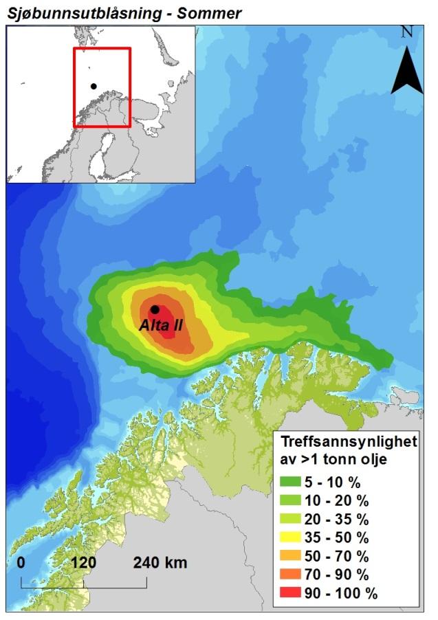 Figur 5 Sesongvise sannsynligheter for treff av mer enn 1 tonn olje i 10 10 km sjøruter gitt en sjøbunnsutblåsning fra letebrønn 7220/11-2 Alta II.