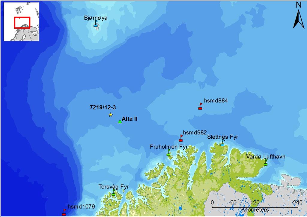 Figur 11 Oversikt over stasjoner for innsamling av data for vindstyrke (Fruholmen fyr), sjøtemperatur (Bjørnøya) og bølgehøyder (hsmd 982).
