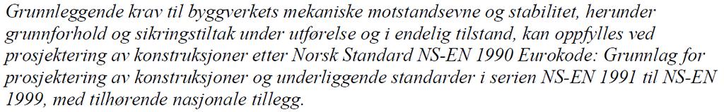 2.4 TEK 10, Konstruksjonsikkerhet I henhold til TEK 10 10.1 vil forskriftens minstekrav til personlig og materiell sikkerhet være oppfylt dersom det benyttes metoder og utførelse etter Norsk Standard.
