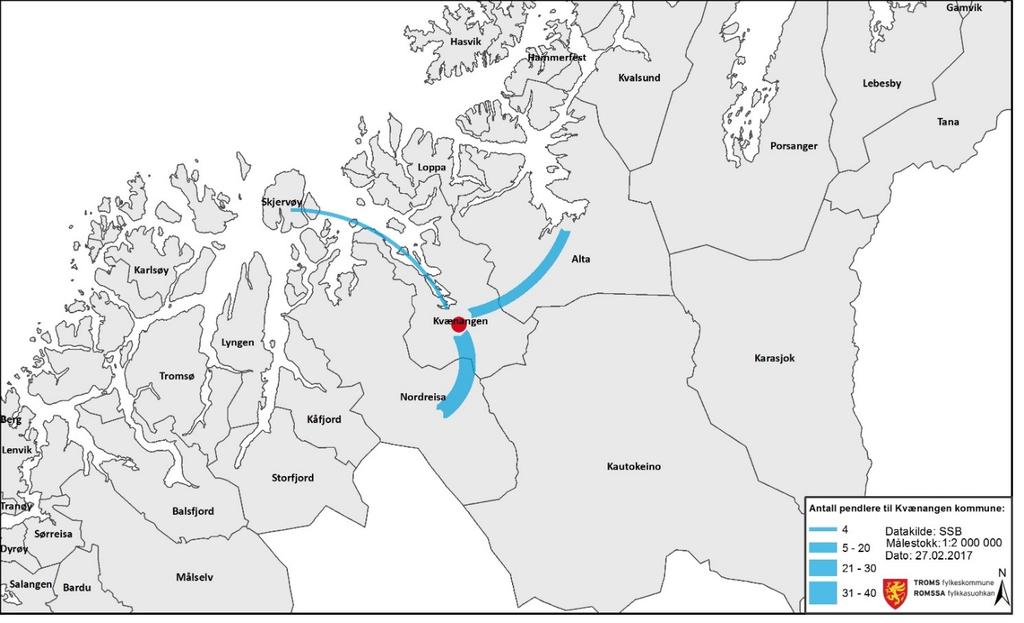 PENDLING TIL KVÆNANGEN Illustrasjon 3: Kartet viser en oversikt over innpendling til Kvænangen fra omkringliggende kommuner.