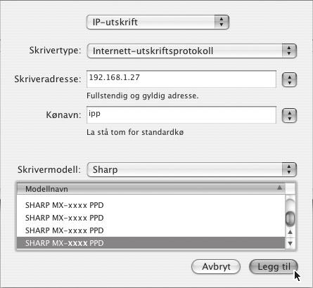 MAC OS X v10.2.8, v10.3.9 (1) (2) (3) (1) Klikk på [IP-utskrift]. (2) Velg [Internett-utskriftsprotokoll] i "Skrivertype". Tast inn adressen til maskinen (IP-adressen eller domenenavnet) og "Kønavn".