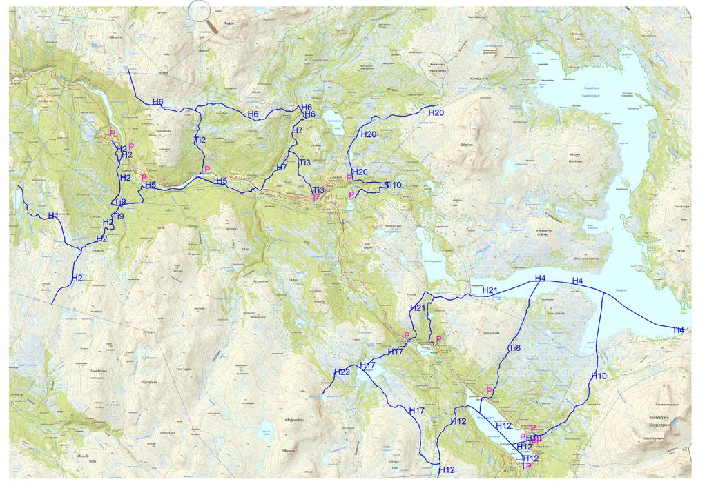 *Stugudalen: Ti8, H17, H12 (Deler utgår ved Rotodden), H10, H21, H22 (GrønsjøenBlåhåmmårtjønna), deler av H4 (løype på Nesjøen, kryss H21-kryss H10) jfr.