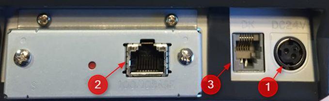 Koble til nettverkskabel (2), strøm (1) og evt kasseskuffkabel (3) Skriverens bakside 3.