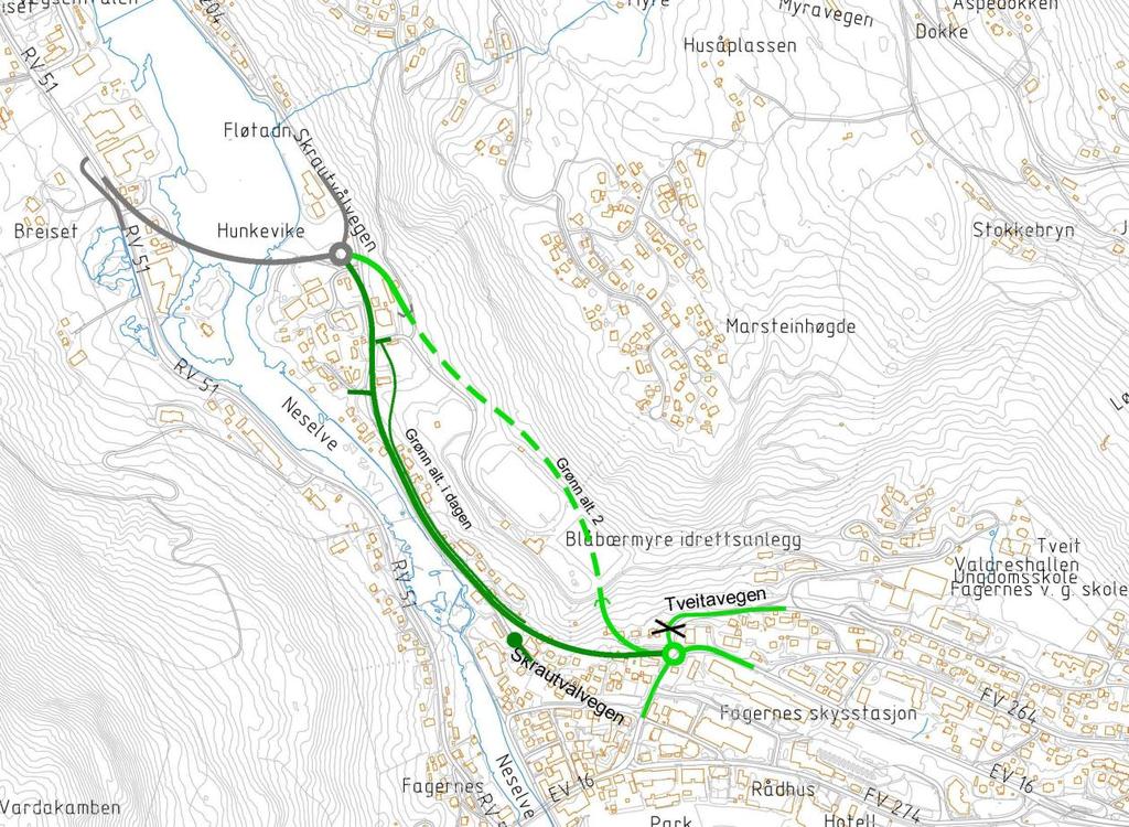 1 Beskrivelse av daglinja Figur 1: Oversikt over alternativ 2 som daglinje (mørk) og kort tunnel (lys) Det foreslås å benytte vegklasse S1 som er en tofelts veg og er beregnet for trafikkmengder på