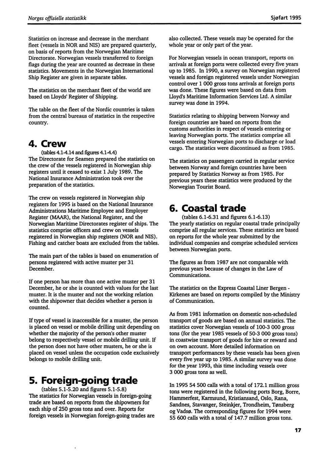 Norges offisielle statistikksjøfart 1995 Statistics on increase and decrease in the merchant fleet (vessels in NOR and NIS) are prepared quarterly, on basis of reports from the Norwegian Maritime