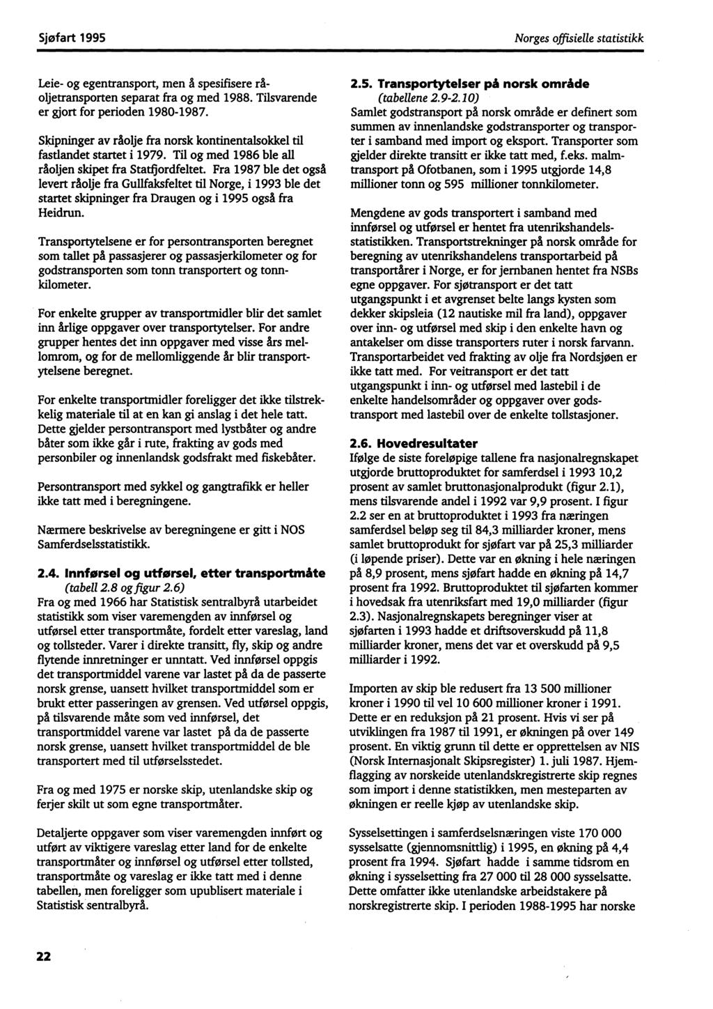 Sjøfart 1995 Norges offisielle statistikk Leie- og egentransport, men å spesifisere råoljetransporten separat fra og med 1988. Tilsvarende er gjort for perioden 1980-1987.