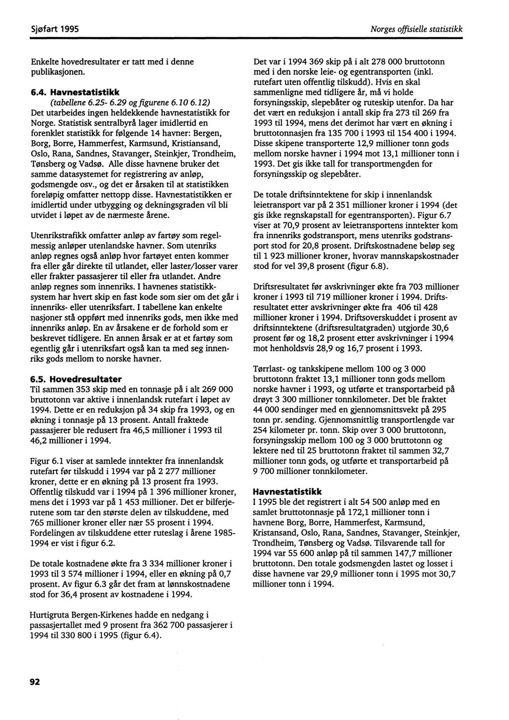 Sjøfart 1995 Norges offisielle statistikk Enkelte hovedresultater er tatt med i denne publikasjonen. 6.4. Havnestatistikk (tabellene 6.25-6.29 og figurene 6.10 6.