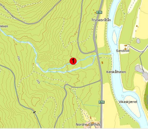 23 Garthusbekken Kommune: Sør Aurdal Koordinater UTM 32V: Stasjon 1: 538551 6731190 Dato: 22.08. krysser bekken rett oppstrøms utløpet til Begna. Garthusbekken renner ut i Begna på vestsiden, ca.