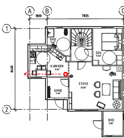 Figur 3. Forslag til plassering av radonbrønn med føring ut av leiligheten, avhengig av romløsning.