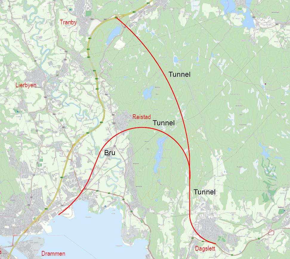 5.2 Korridorer utenfor planområdet Innspill Begrunnelse Oversikt Gjellebekk Dette forslaget innebærer store kostnader v/liertoppen og knyttet til lang trasé og to lange tunneler.