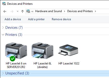 Utskriftsbegreper i Windows Logisk skriver (Logical printer eller bare Printer) Defineres og vises i Devices and Printers Programvare