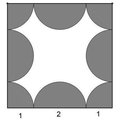 Oppgave 4 Hva er omkretsen av det mørke området på figuren? A 6π B 9π C 6π + 16 D 6π +12 E 9π +4 Marker alle linjene som hører med til omkretsen oppgaven spør om.