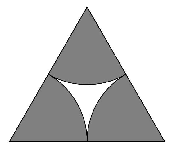 Oppgave 6 Fra en likesidet trekant med sidekant 2 tegnes sirkelbuer med radius 1 med sentrum i hvert av hjørnene. Hva er omkretsen av den hvite figuren i midten?