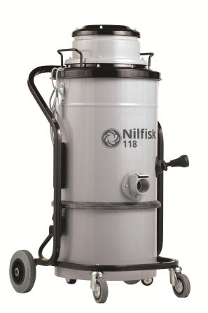 Nilfisk-CFM 118 er en 1-faset industristøvsuger til støv og tørt materiale. 118 har en 1000W by-pass motor beskyttet av et metallhode. Standard filteret er et polyester L filter.