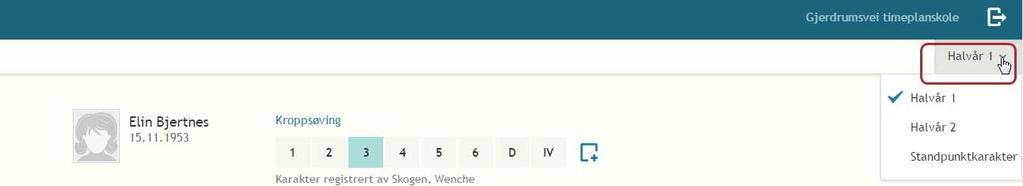 Øverst i høyre hjørne finnes det et valg på om det er karakter for 1.halvår, 2.halvår eller standpunktkarakter som skal settes: Klikk på karakteren du skal registrere.
