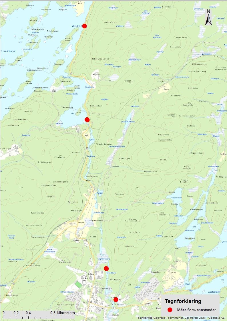 5 Observerte flomvannstanden og kalibrering av modell Det er gjort vannstandsmålinger under høstflommen i 2015, figuren under viser hvor disse målingene er gjort.