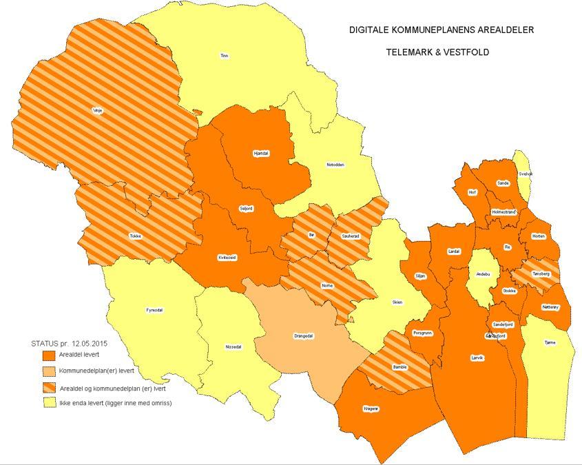 32 av 32 kommuner er tilgjengelig med kommuneplandata i den nasjonale planportalen. For 9 kommuner er kommuneplan kun representert med planområder med tilhørende dokumenter (leveransenivå K1).