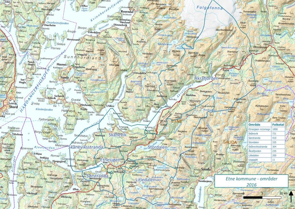 Kommunen har blitt delt opp i sju delområder: Etnesjøen, Litledalen, Skånevik, Skåneviksstranda, Stordalen og Åkrafjorden. Grensene er satt etter grunnkretsar.