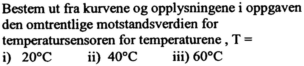 b) Bestem ut fra kurvene og opplysningene i oppgaven den omtrentlige motstandsverdien for temperatursensoren for temperaturene, T = i) 20 C ii) 40 C iii) 60 C c} Vis ved enkle skisser