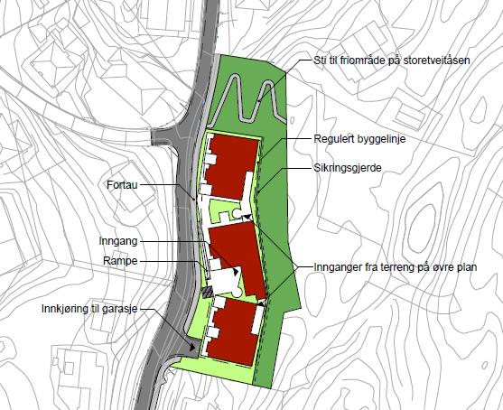 Utsnitt av plankart datert 17.1.2014 med illustrasjon Bebyggelsen er, jf. retningsgivende illustrasjonsplan, foreslått delt opp i tre lavblokker på inn til 3 etasjer med en tilbaketrukket 4.