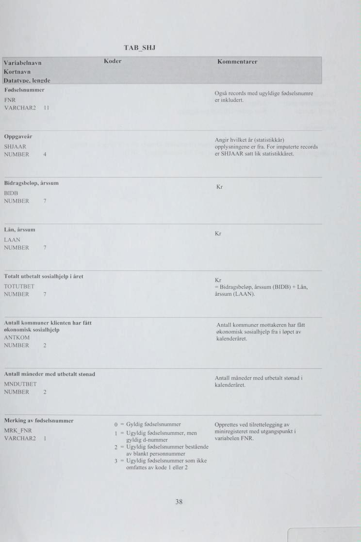 TAB SHJ Variabelnavn Kortnavn DatatvDC. lengde Fødselsnummer FNR VARCIIAR2 II Koder Kommentarer Også records med ugyldige fødselsnumre er inkludert.