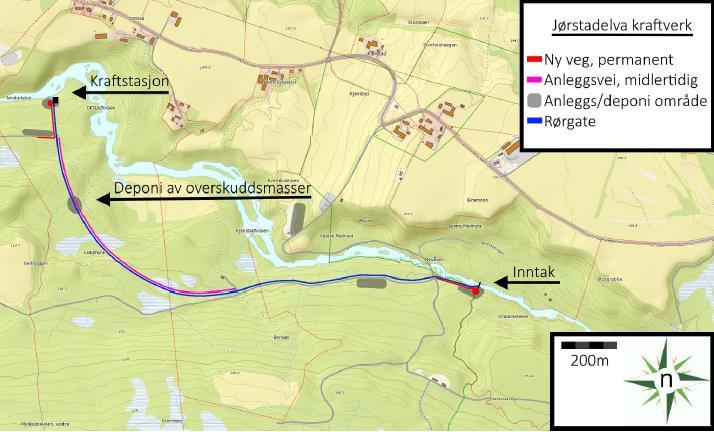 Figur 2: Detaljkart Jørstadelva kraftverk.