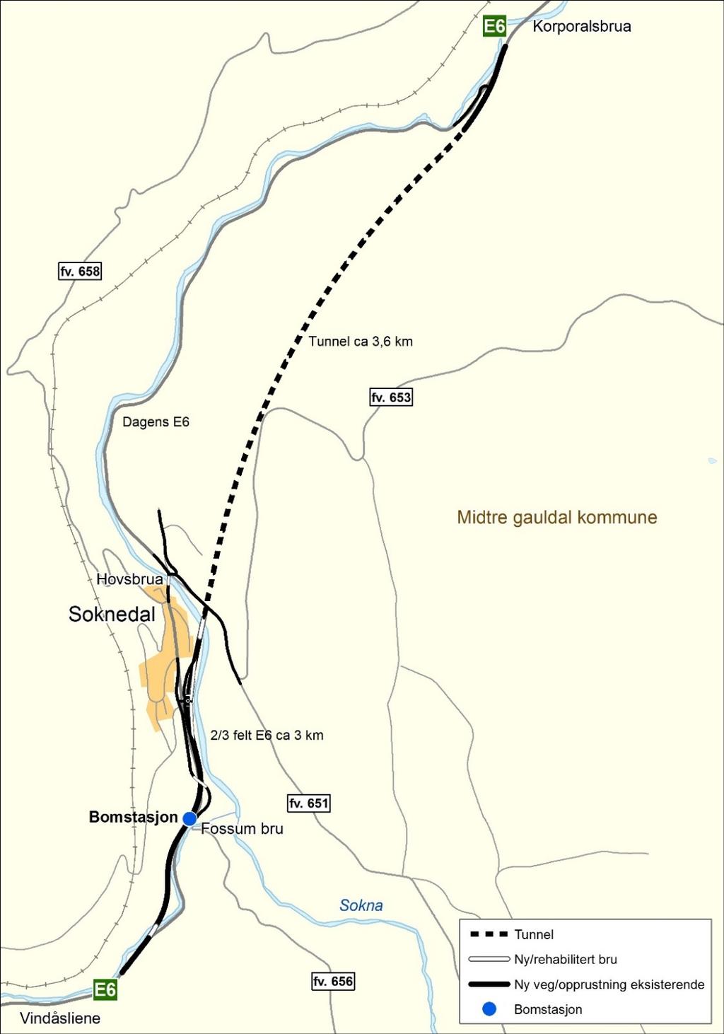 E6 Soknedal - Oversikt prosjektomfang Lengde ca 6,5 km, herav ca 3,6 km ett løps tunnel (profil T10,5 / Tunnelklasse C) Det er regulert for tunnelløp nummer 2 (bygges når trafikkmengde tilsier 2 løp).