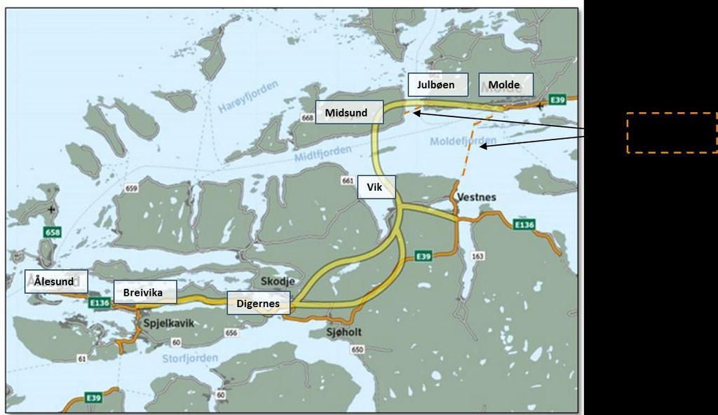 Figur 1 - Kartutsnitt som viser E39 slik den er i dag (oransje) og slik den planlegges etter utbygging (gul) Dagens fergekrysninger, Vestnes-Molde og Midsund-Julbøen er markert med stiplede oransje