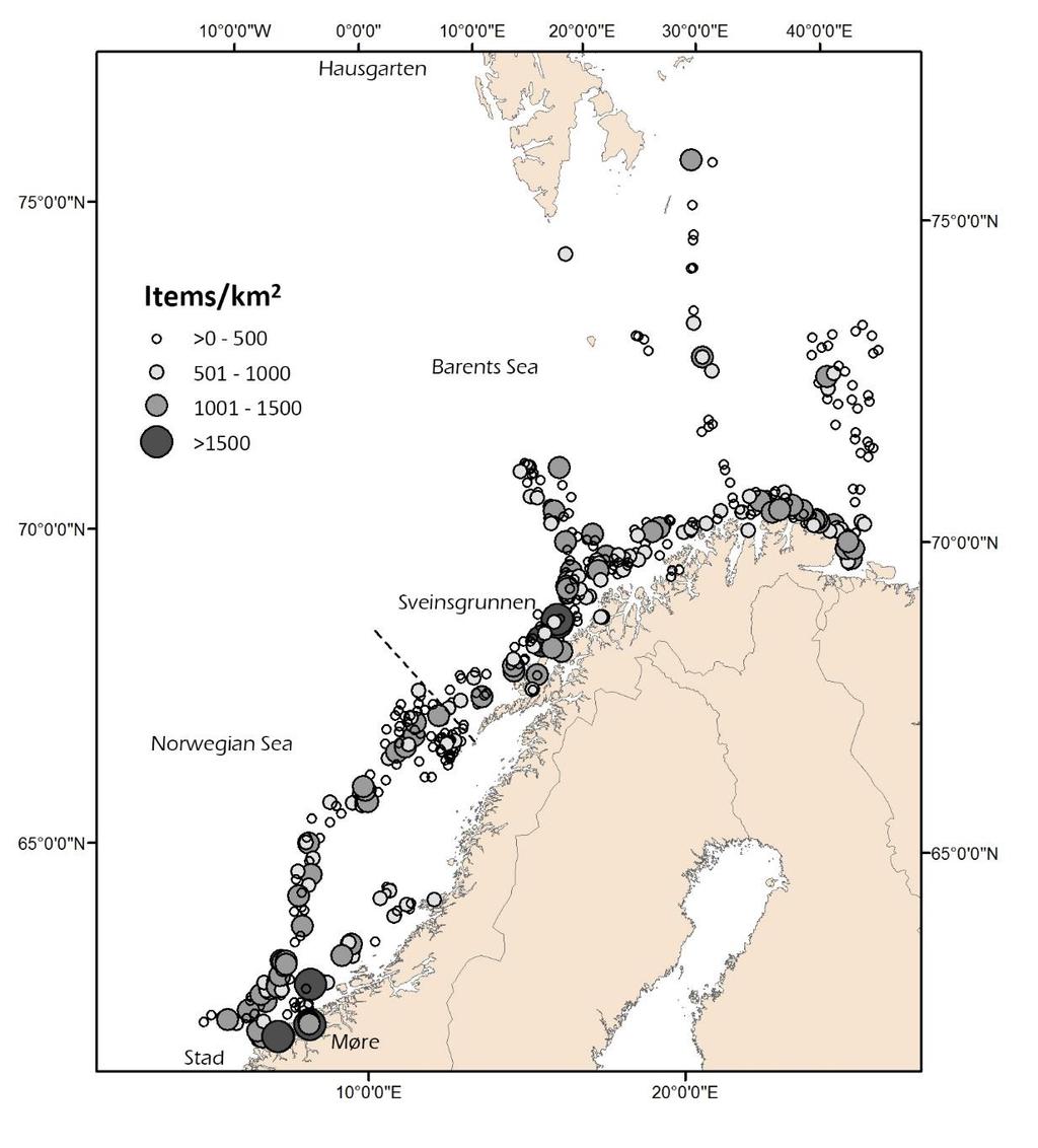 Fordeling av søppel Mengde søppel Areal Offshore Totalt antall Vekt km 2 antall/km 2 (tonn) Barentshavet