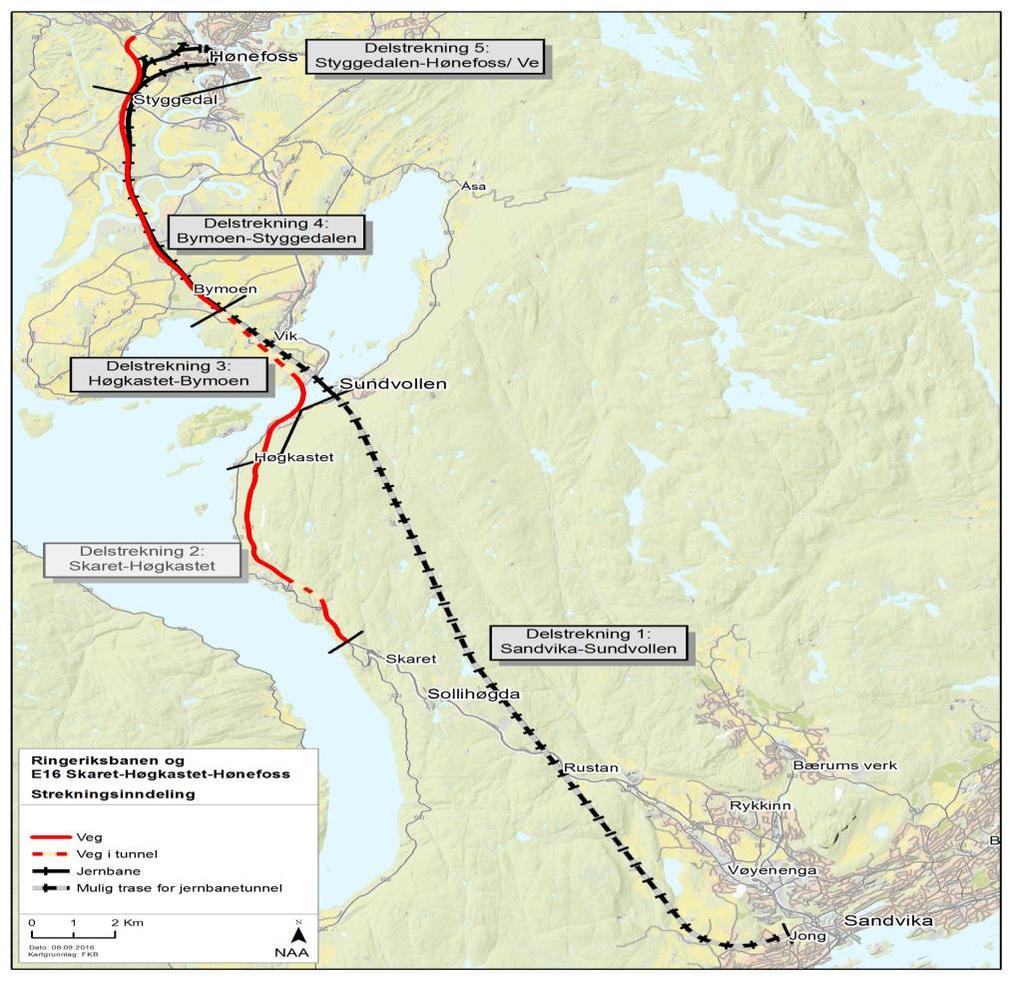 Fellesprosjektet Ringerikesbanen og E16 Norges største infrastrukturprosjekt: 40 km dobbeltspor mellom Sandvika og Hønefoss Inkludert 23 km jernbanetunnel fra Sandvika til Sundvollen og 3