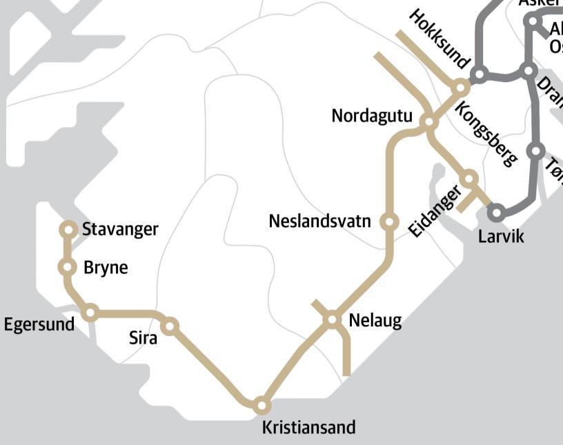 Område Sør Område Sør omfatter følgende banestrekninger: Sørlandsbanen, Kongsberg-Stavanger Numedalsbanen