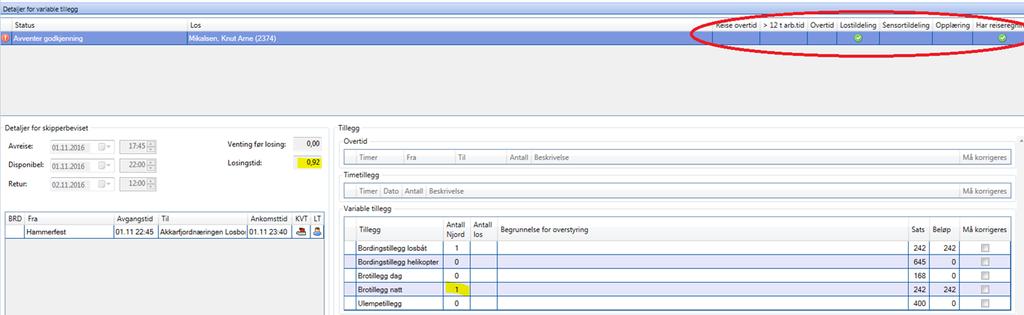 Skipperbeviset er synlig for kontrollør som kontrollerer antall brotimer i henhold til skipperbeviset, informasjon om eventuell overtid, sensortildeling, opplæring, og at alt er i henhold til