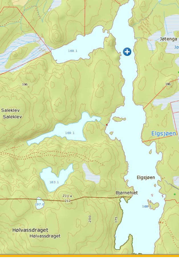 Figur 6. Lokaliseringen av Lønntjern (169.1. øverst), Langetjern (169.1.) og Hølvann (183.1) vest for Elgsjøen i øvre deler av Hølgreina. Kartgrunnnlag: Norgeskart. 4.2.
