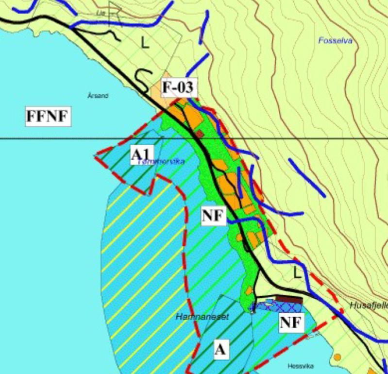 Utsnitt av kommunedelplan for Maurangerområdet. Planområdet er merka F-03.