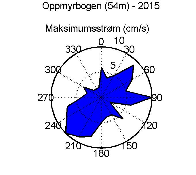Maksimal hastighet Strømstyrke og retningsfordeling. Totallengden på sektorene indikerer andel målinger (%) i respektive retninger i løpet av måleperioden.