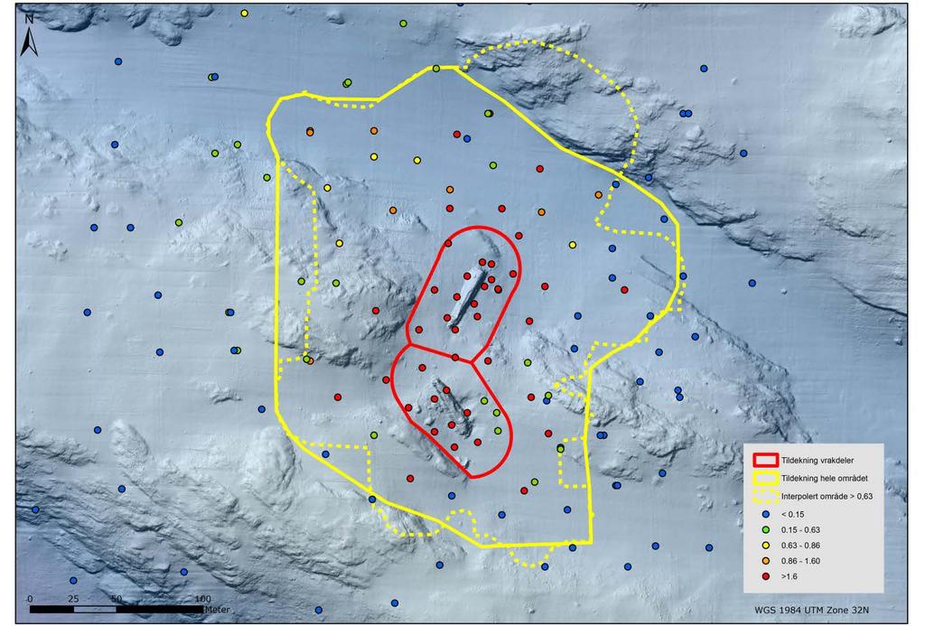 Figur 2: Analyser av kvikksølv fra overflatesedimenter rundt U-864 med fargeinndeling i henhold til Miljødirektoratets tilstandsklasser for forurensede sedimenter (veileder TA 2229/2007).